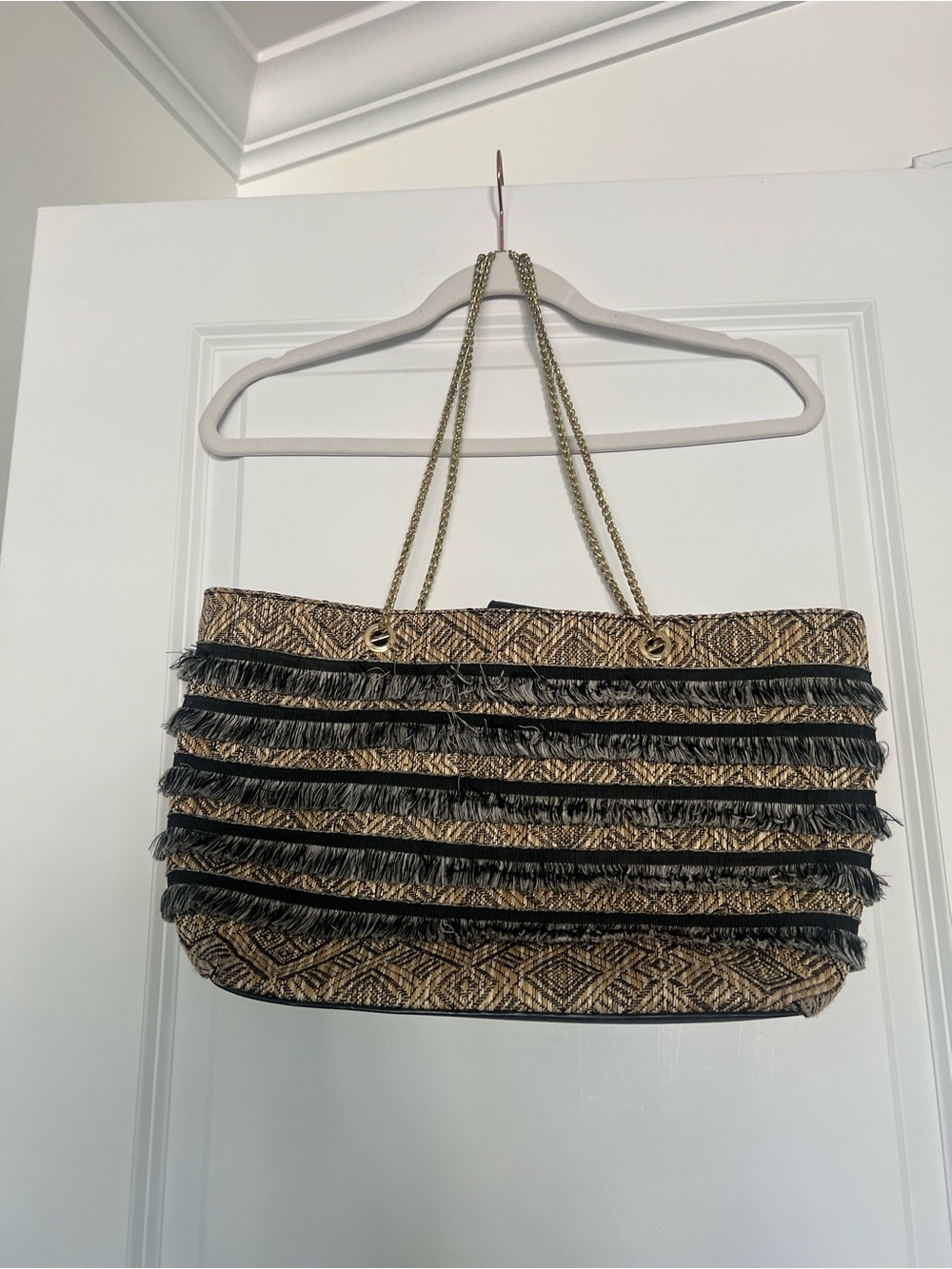 Gianni Bini Woven Fringe Tote Bag in Black and Tan